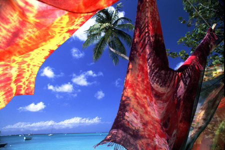 Tie dyed cloths wave in the trade wind at Pidgeon Point, Tobago : Travel Caribbean : Michael Ventura Photography, Washington DC, Portraits, Stock, Caribbean, Headshots, head, shots , Photographer, Photography